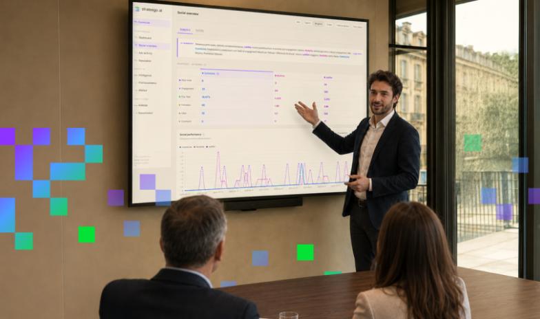 Presentazione della piattaforma di competitive intelligence Strateego con dashboard di analisi delle performance social e dei dati dei competitor.