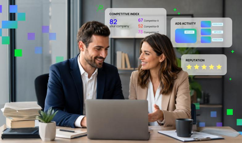 Two professionals analyze competitor data through competitive index, advertising activity, and online reputation metrics.