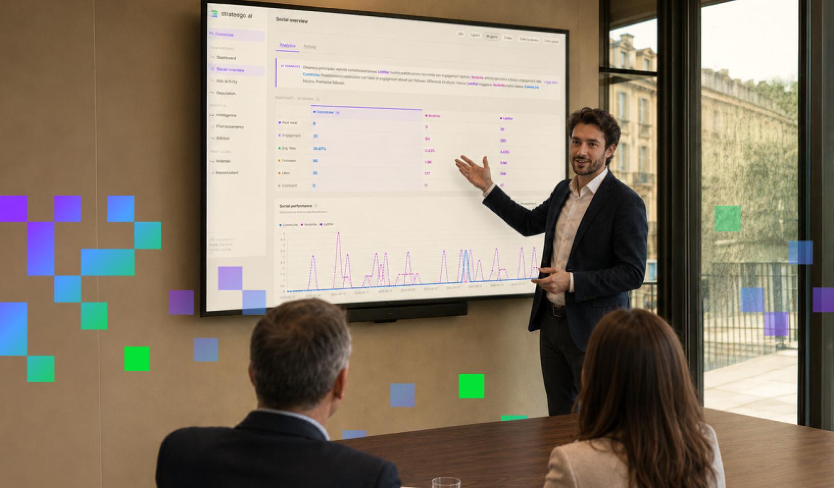 Presentation of the Strateego competitive intelligence platform, featuring a dashboard for analyzing social media performance and competitor data.
