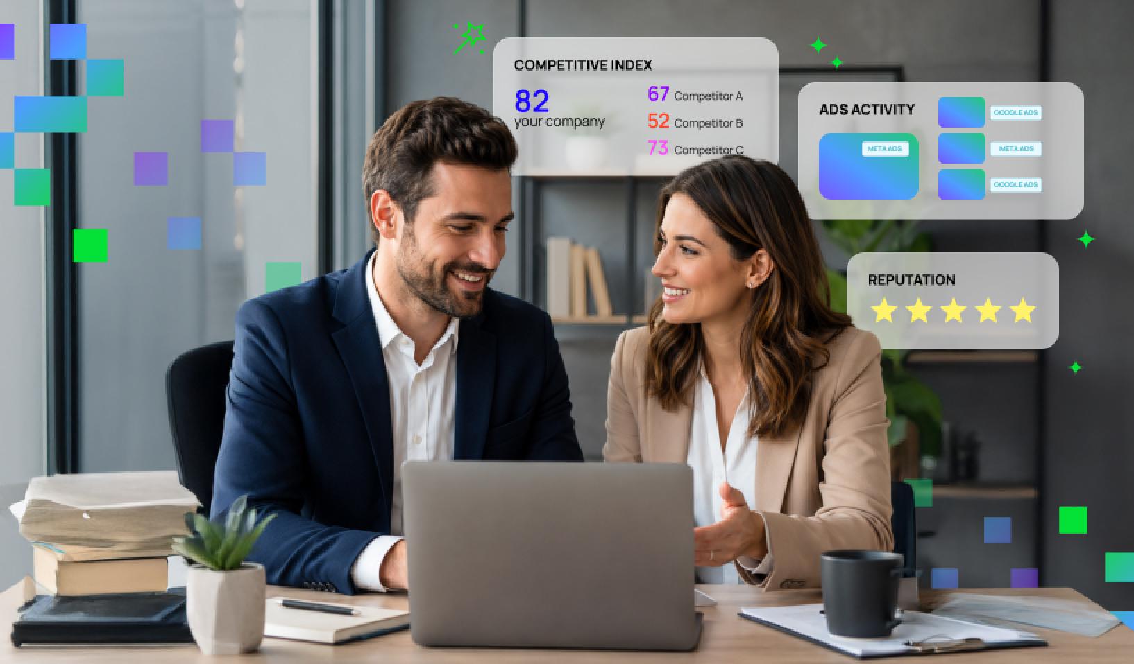 Two professionals analyze competitor data through competitive index, advertising activity, and online reputation metrics.